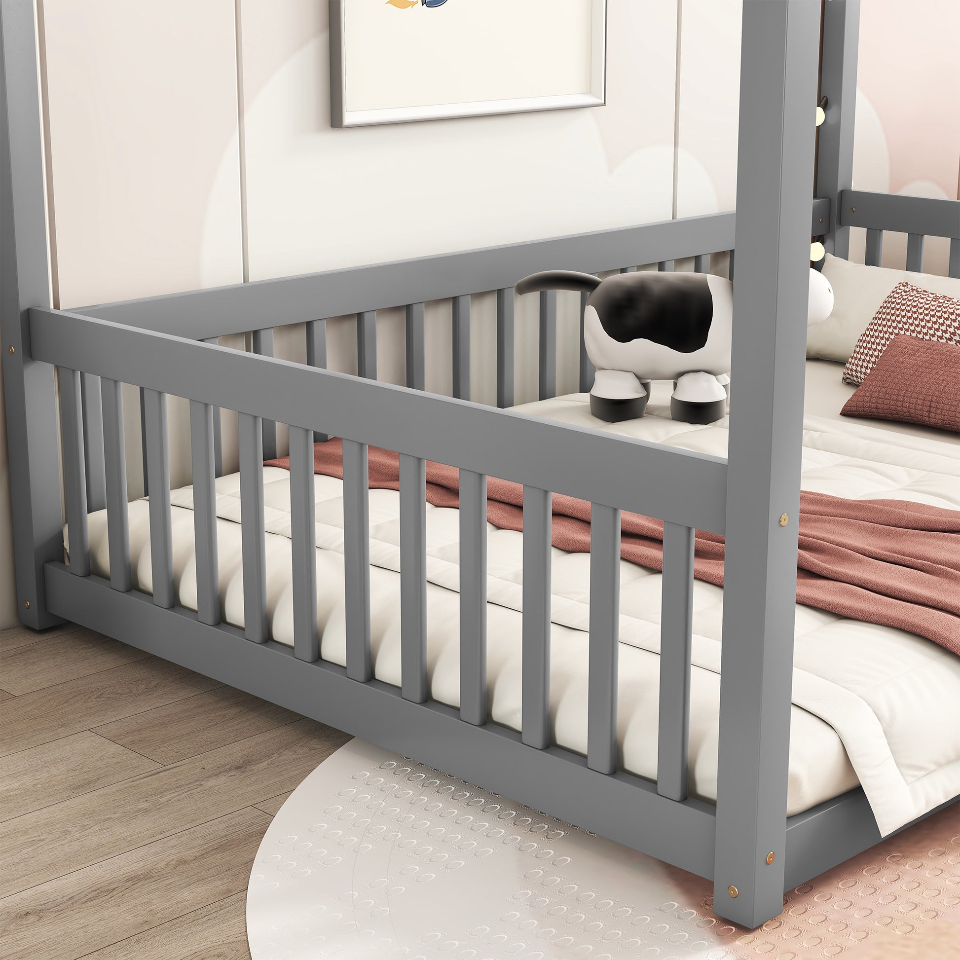 Full Size Canopy Frame Floor Bed with Fence, Guardrails,Grey