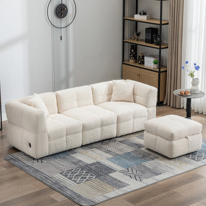 87.7" Sectional Sofa Cozy Teddy Fleece Fabric Sectional Sofa Couch with Two USB Ports a Movable Storage Ottoman and Two Lumbar Pillows for Living Room, Creamy White