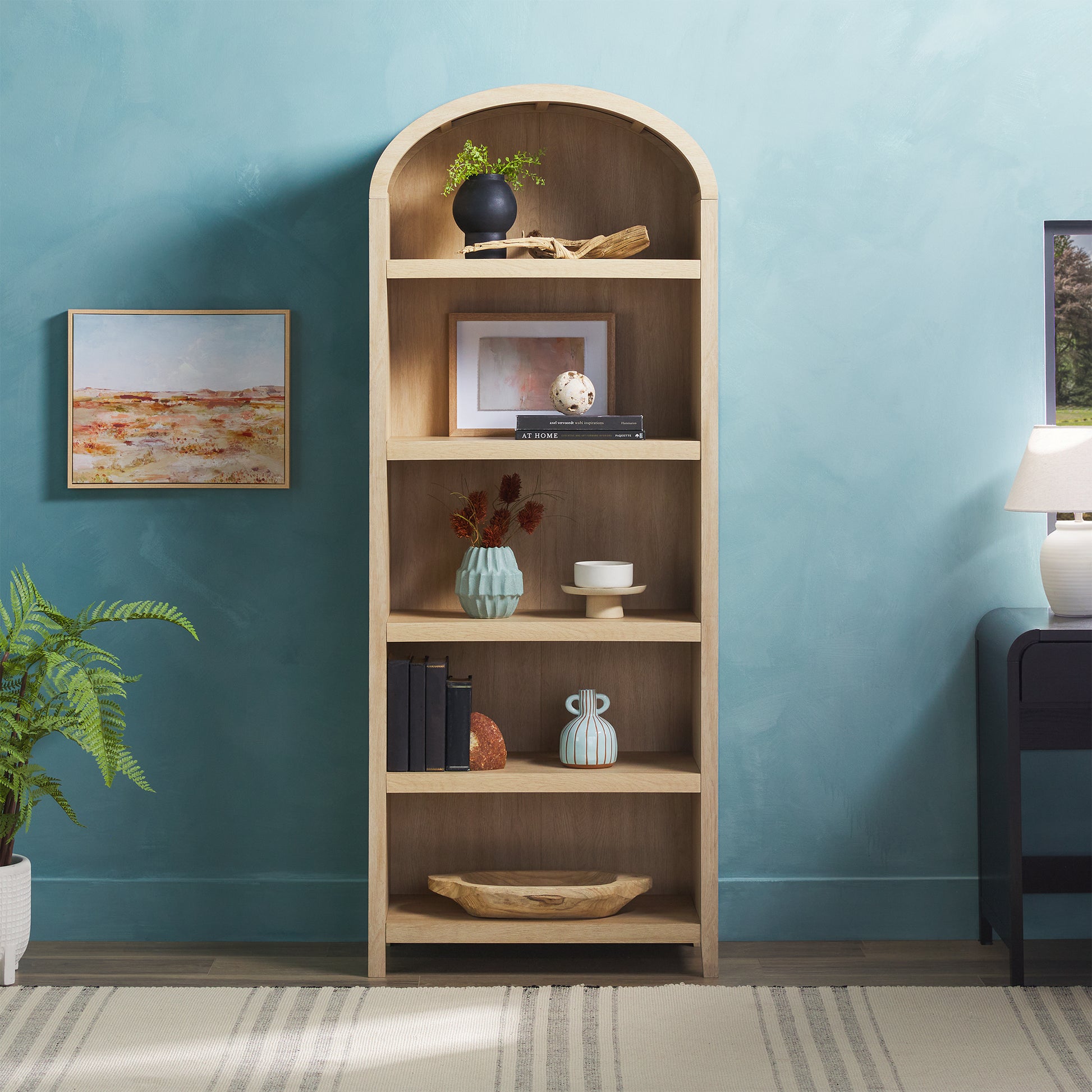 Modern 5 Shelf Open Arched Bookshelf - Oak