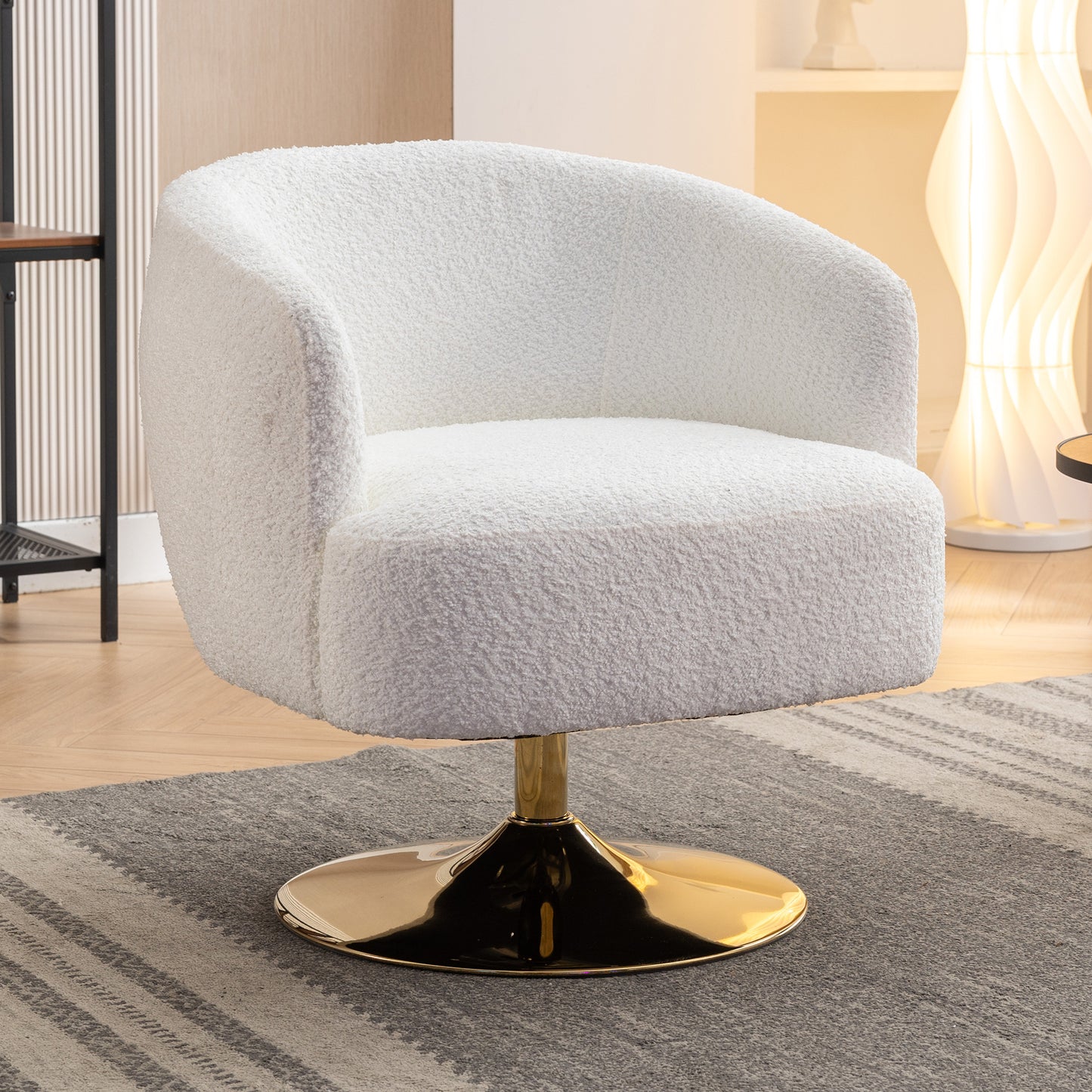 048-Chenille Fabric Accent Swivel Chair With Gold Metal Round Base,White