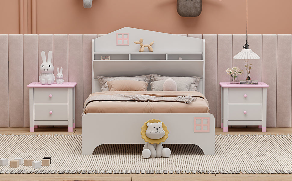 Wooden Twin Size House Bed with Storage Headboard ,Kids Bed with Storage Shelf, White