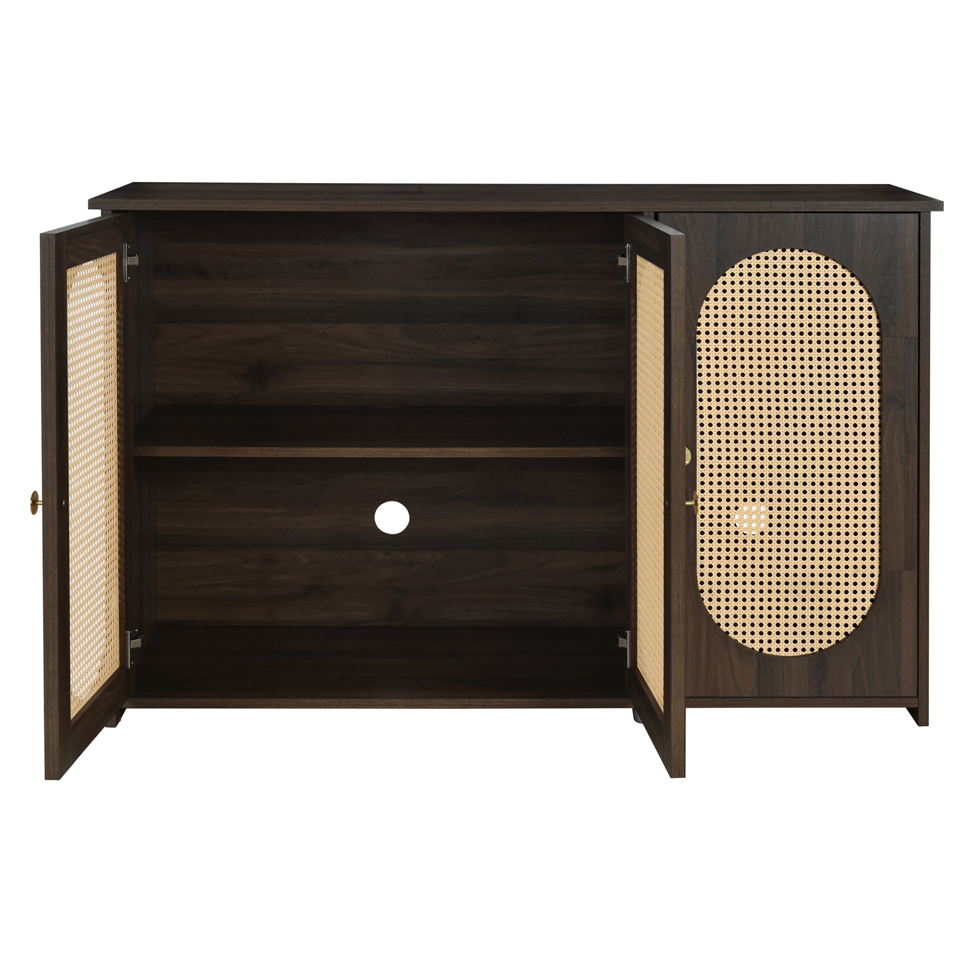 TREXM Retro 3-Door Sideboard with Large Storage Space Artificial Rattan Doors and Metal Handles, Accent Cabinet for Living Room and Hallway (Brown)