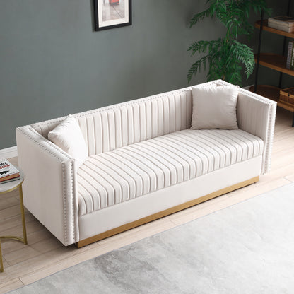 Contemporary Vertical Channel Tufted Velvet Sofa  Modern Upholstered Couch for Living Room Apartment with 2 pillows,Beige