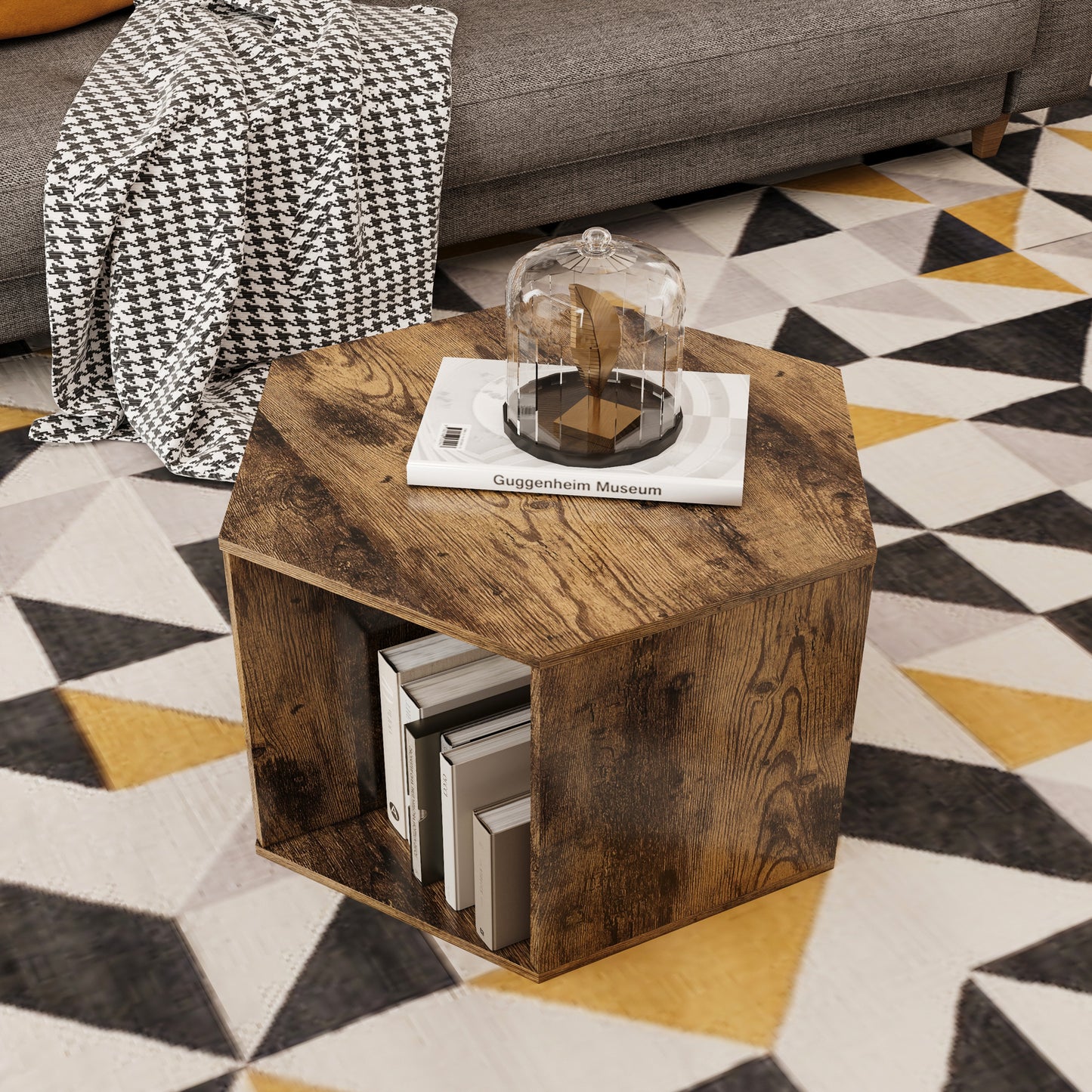 23.62'' Hexagonal Coffee Table Side Table Nightstand Antique Wood