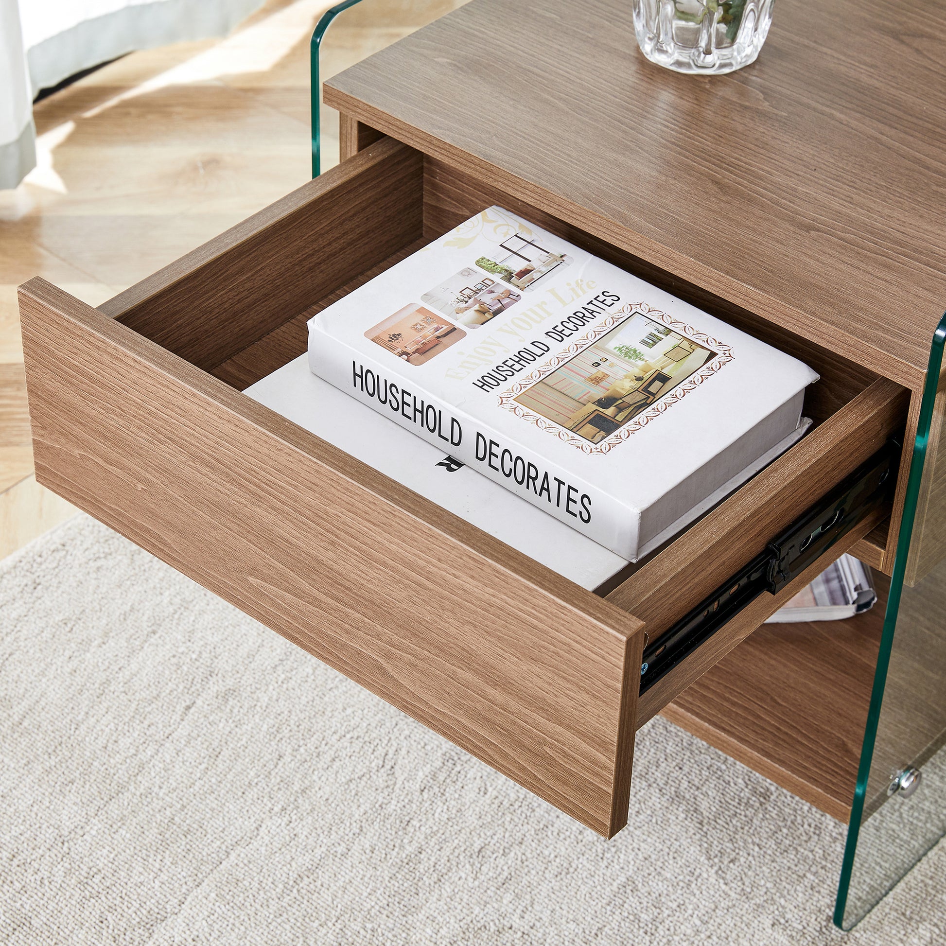 Bedside table with drawers. The board surface is MDF sticker, and both sides are transparent tempered glass. The design is simple and elegant, with excellent storage functions.