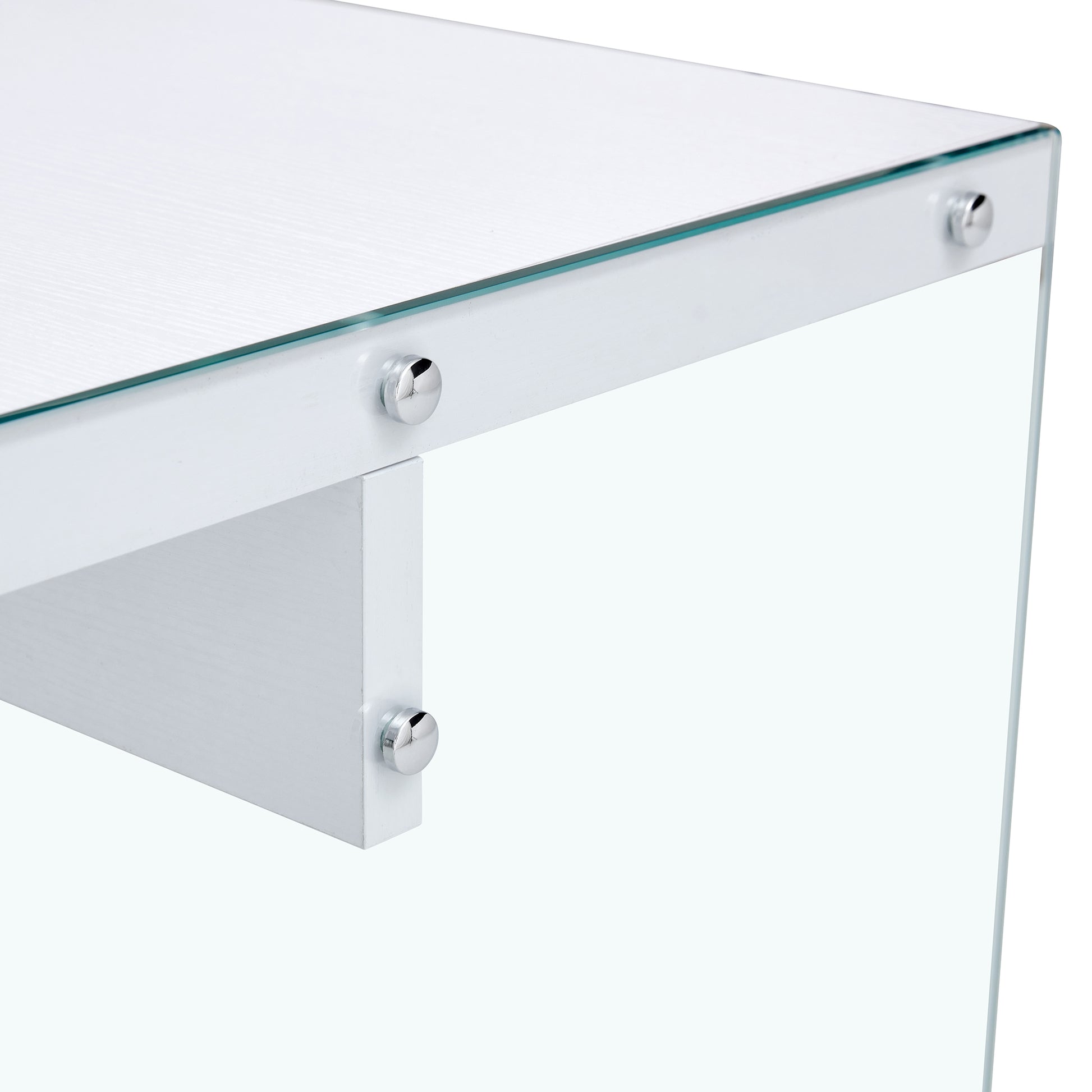 The top of the coffee table is made of MDF and white stickers, and the sides are clear tempered glass. The design is simple and elegant, and the structure is strong.