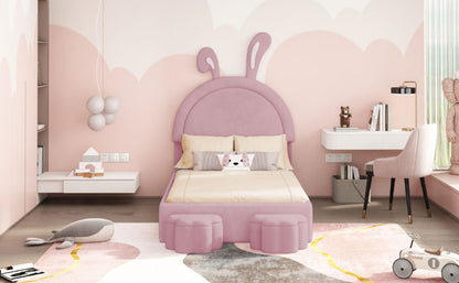 Twin size Upholstered Rabbit-Shape Bed with 2 Storage Stools, Velvet Platform Bed with Cartoon Ears Shaped Headboard, Pink