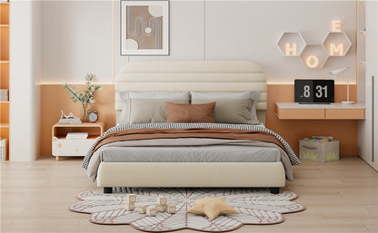 Queen Size Velvet Upholstered Platform Bed,Solid Frame and Stylish Curve-shaped Design, Beige