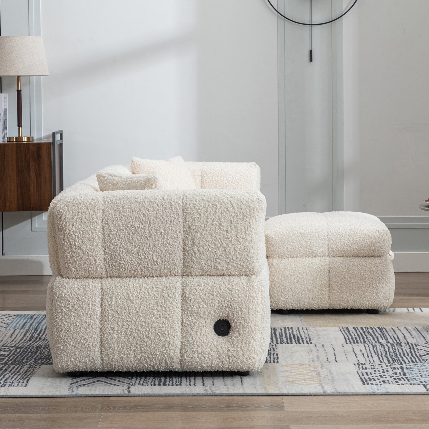 87.7" Sectional Sofa Cozy Teddy Fleece Fabric Sectional Sofa Couch with Two USB Ports a Movable Storage Ottoman and Two Lumbar Pillows for Living Room, Creamy White