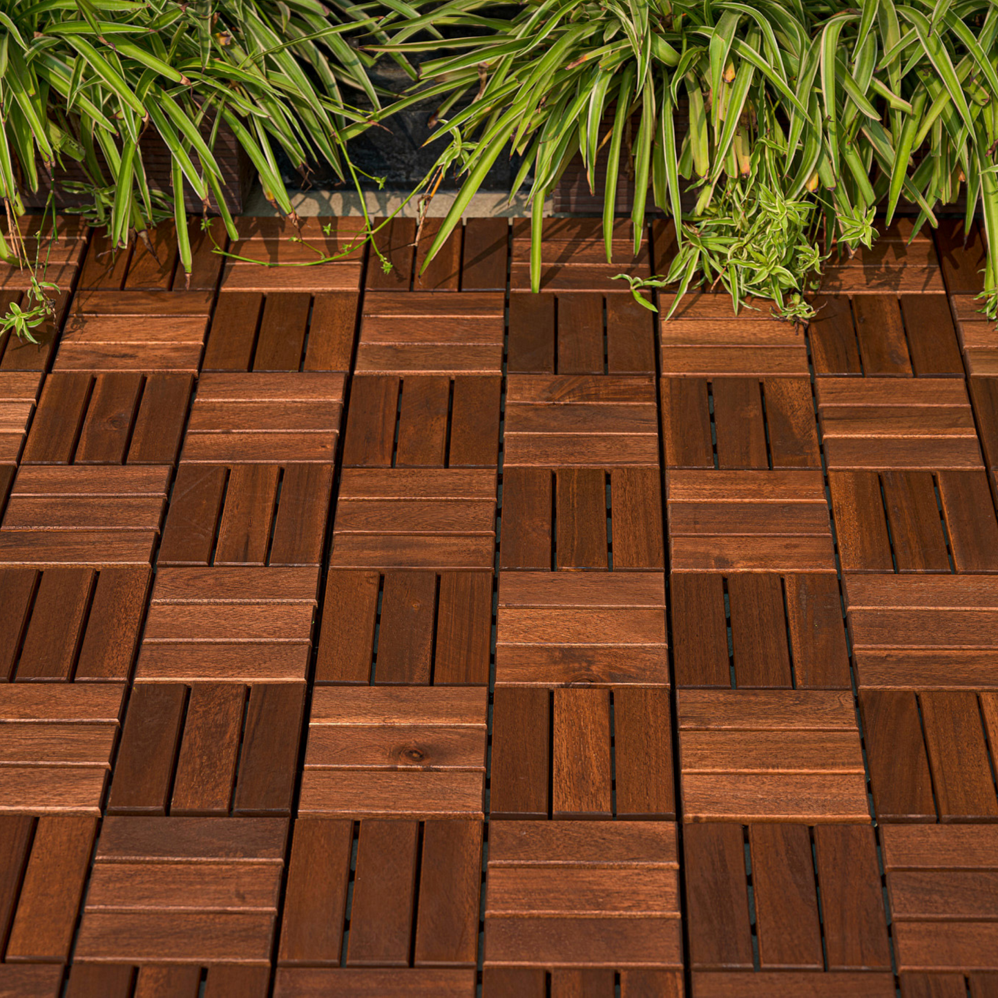 Acacia Wood Interlocking Deck Tiles Checker Pattern, 30 PCS  12" x 12" Square Acacia Hardwood Outdoor Flooring for Patio, Bancony, Pool Side,...