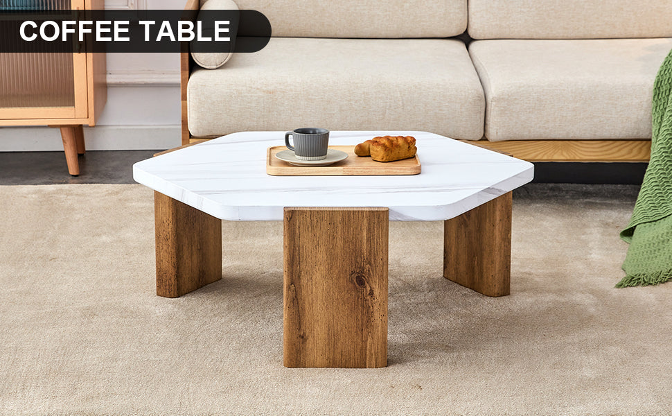 Modern practical MDF coffee table with white tabletop and wooden toned legs. Suitable for living rooms and guest rooms.