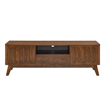 Mid Century Modern Fluted TV Stand for 65 inch TV, Entertainment Center with Storage, Farmhouse Wood Media Console for Living Room Apartment Office, Accent Table, 2 Door & 1 Drawer & Solid Wood Leg