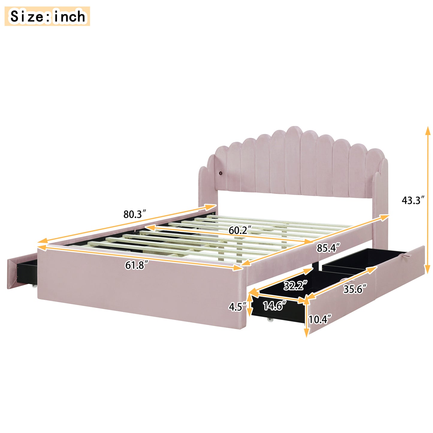 Queen Size Upholstered Platform Bed with 4 Drawers and 2 USB, Pink(Expected Arrival Time: 4.28)