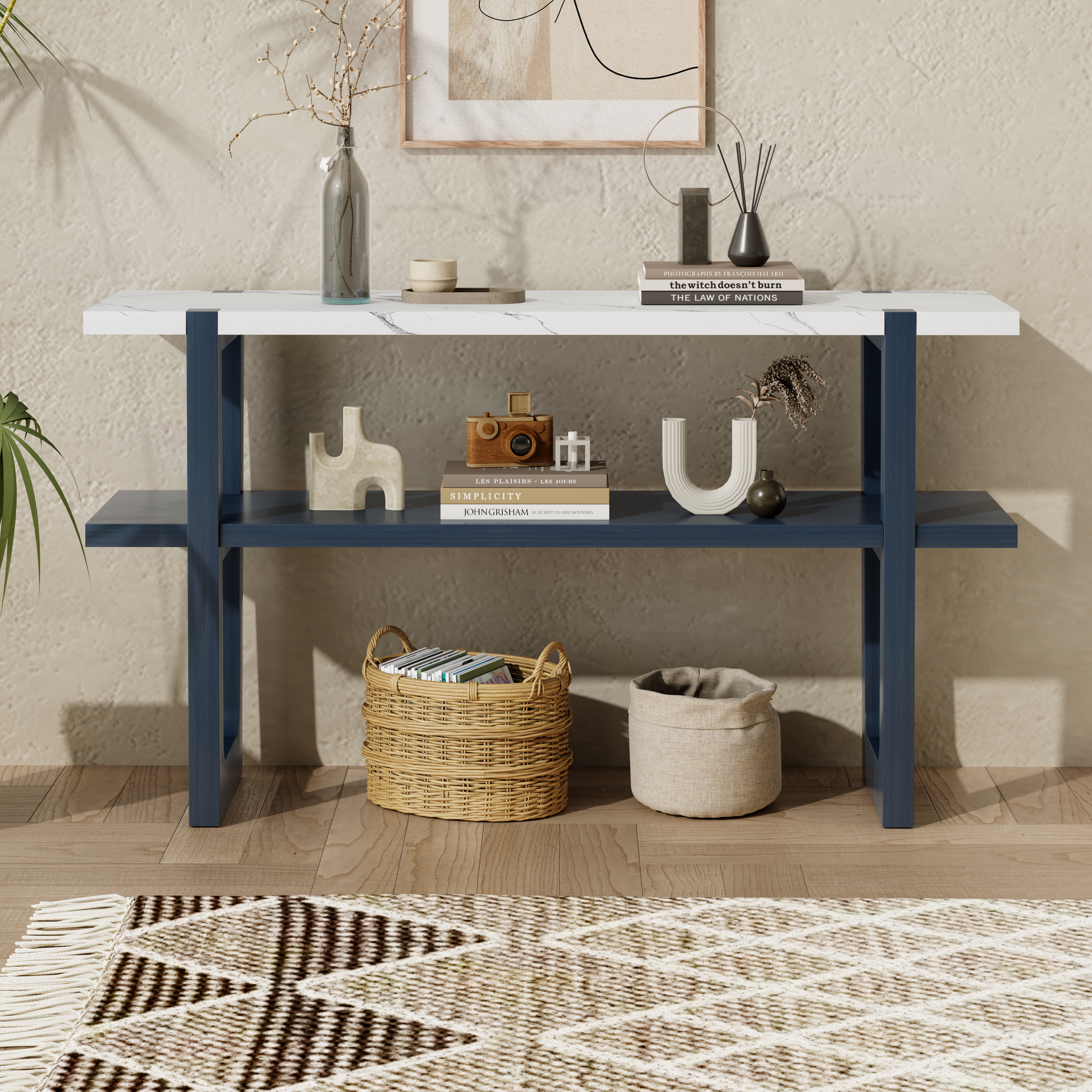 TREXM Retro Elegant Console Table with Marble-Effect Top and Versatile Storage Solutions for Entryway and Living Room (Navy)