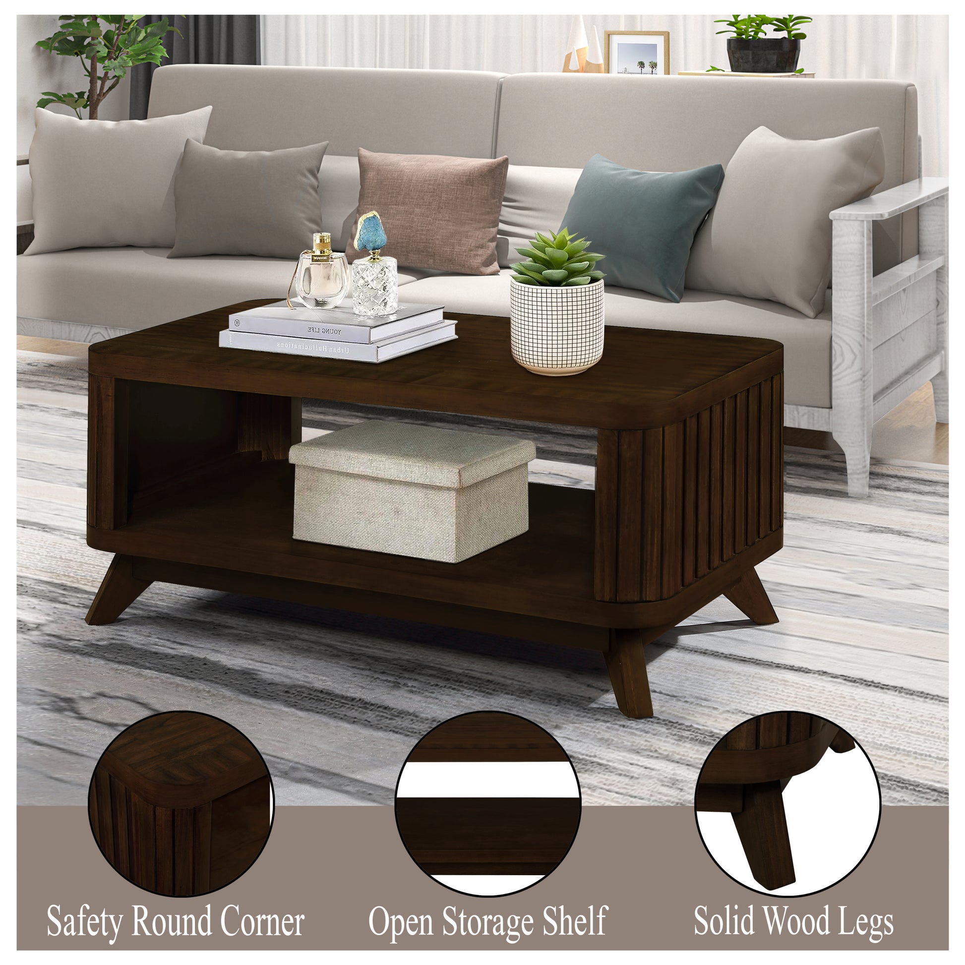 Rectangular Living Room Coffee Table Set, 3-Piece Living Room Table Set with Solid Wood Legs, 1 Coffee Table and 2 End Table, Wood Center Table Tea Table Set .Easy Assembly, Walnut