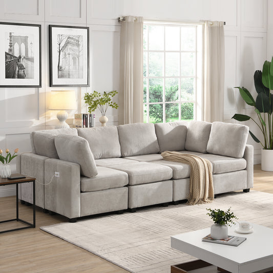 103" Sectional Sofa Couch Sofa Bed U-shaped Sofa with Two Movable Ottoman and Three USB Ports for Living Room, Grey