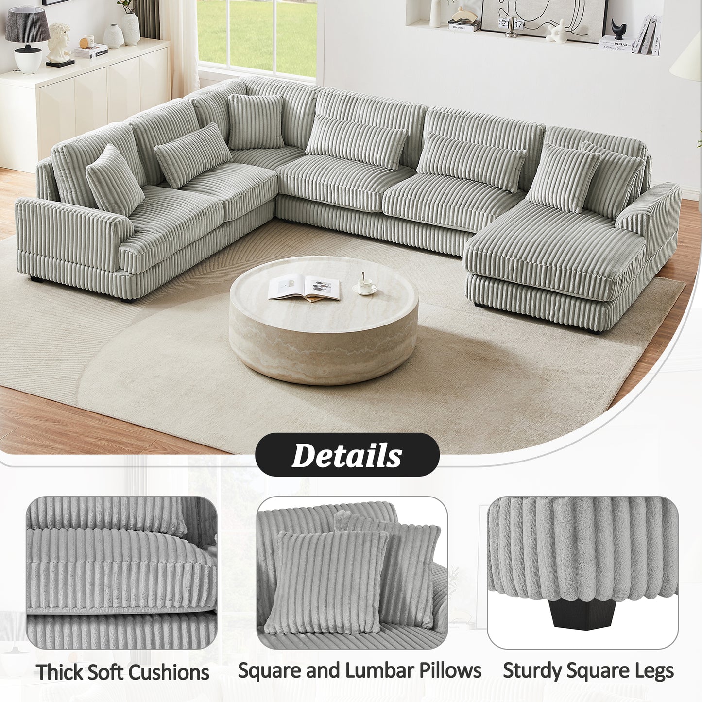 129" Oversized Sectional Sofa U-shaped Sofa Couch Modern Sofa Upholstered in Soft Corduroy with a Chaise Lounge for Living Room, Grey