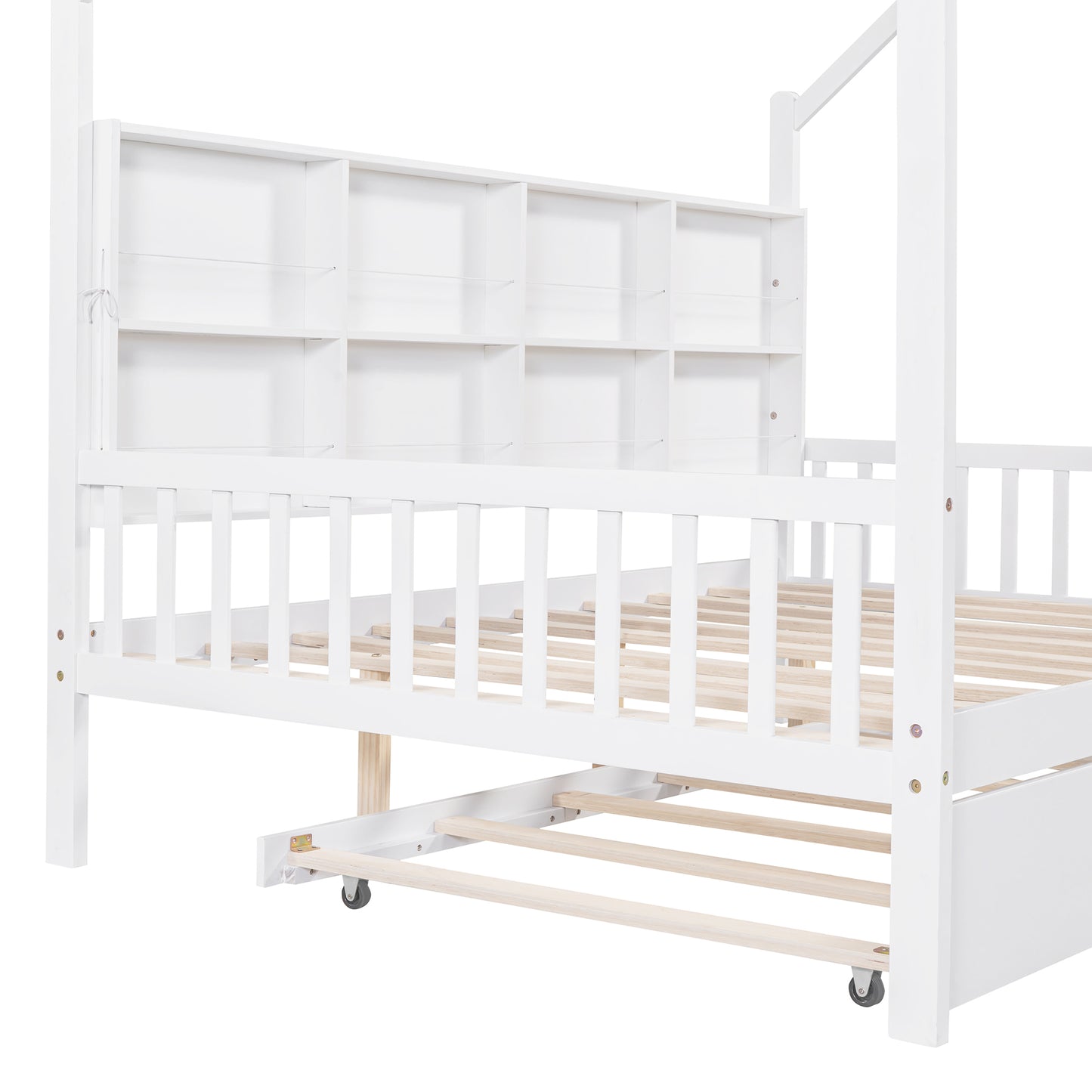 Wooden Full Size House Bed with Trundle,Kids Bed with Shelf, White