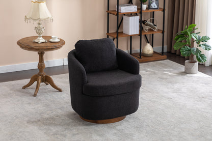 035-Boucle Fabric Swivel Accent Chair With Soild Wood Round Brown Base Leg,Black