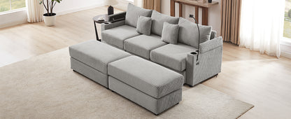 95.3" Modern Style 3-Seater Sofa Sectional Sofa Couch with Storage Space, Two Movable Ottomans, Two USB Ports, Two Cup Holders, A Phone Holder for Living Room, Grey