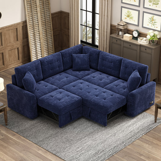 82.6" L-shape Sofa Bed Pull-out Sleeper Sofa with Wheels, USB Ports, Power Sockets for Living Room, Navy Blue