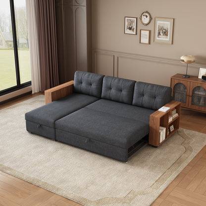 Upholstered Pull Out Sectional Sofa with Storage Chaise, Convertible Corner Couch, Dark Grey-Wooden handrail