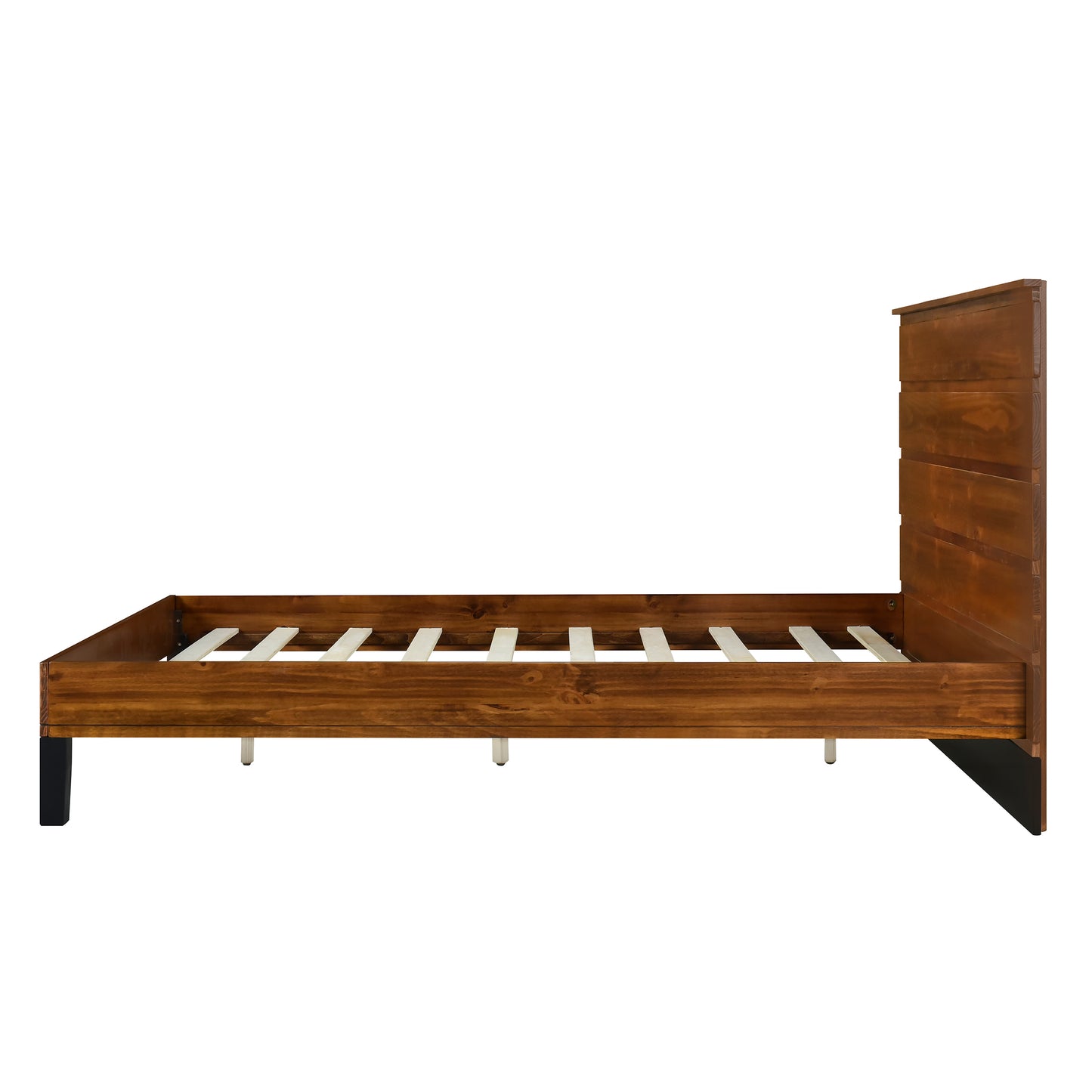 Mid-Century Modern Solid Wood Bed Frame Queen Size Platform Bed with Six-Piece Headboard Design, No Box Spring Needed, Brown