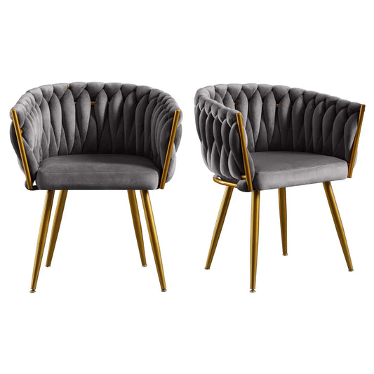 Dining Chairs Set of 2, Modern Woven Upholstered Dining Chairs with Gold Metal Legs,Luxury Tufted Dining Chairs for Living Room, Bedroom, Kitchen