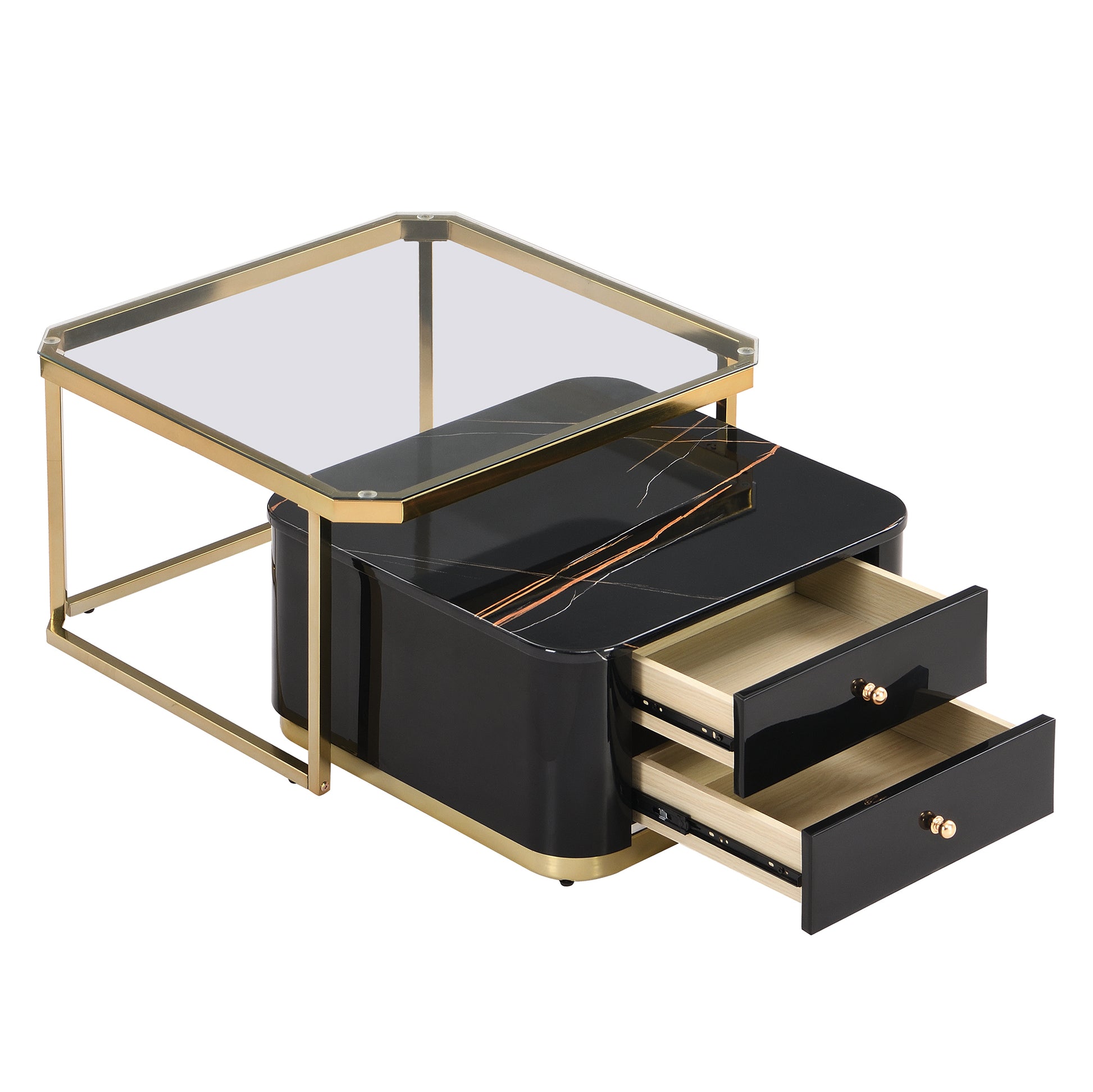 Modern 2 Pieces Black  Square Nesting  Coffee Table with Drawers & Electroplated gold legs in 27.6''