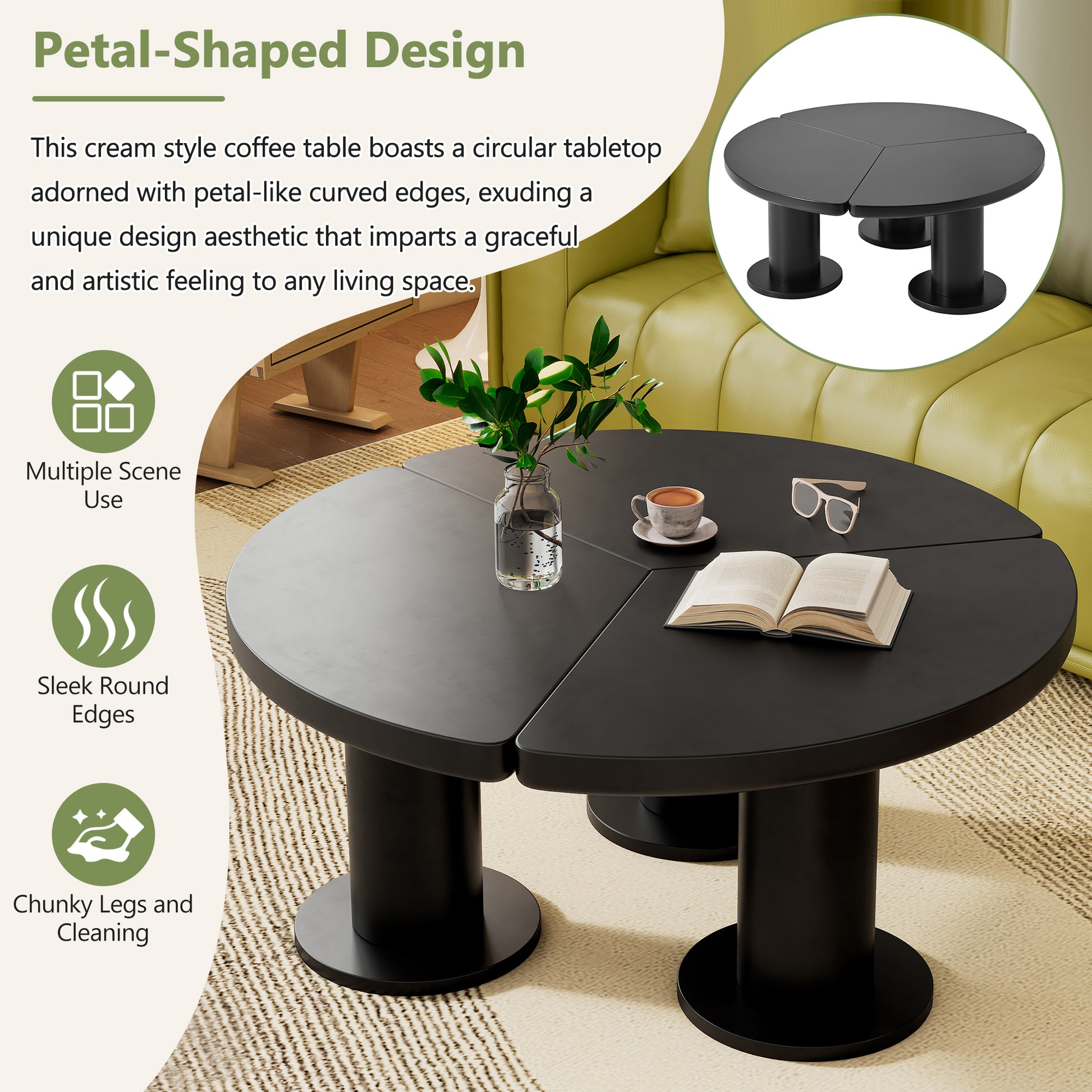 ON-TREND Φ39.4'' Easy Assembly Round Petal-Shaped Coffee Table, Cream Style Center Table with 3 Thick Legs, Minimalist Irregular End Table with Sleek Round Edges for Living Room, Black