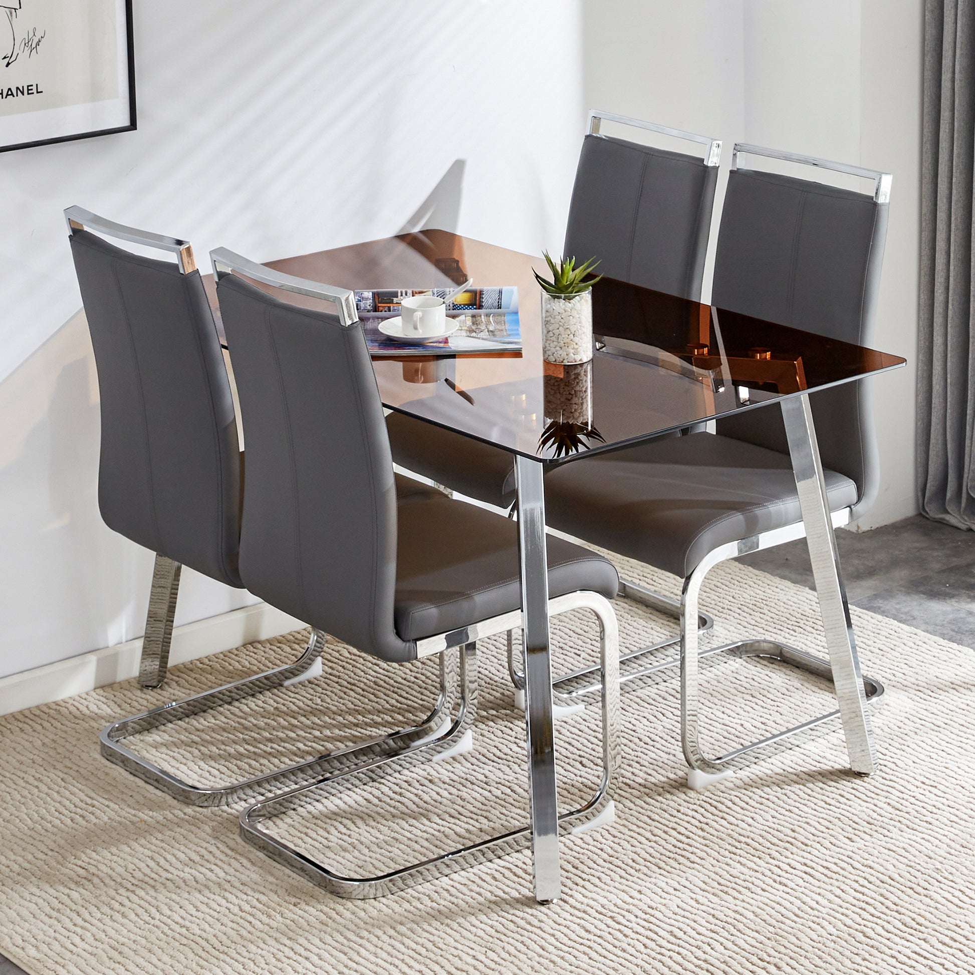 Modern Brown Glass Dining Set with 4 Chairs