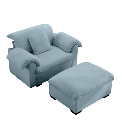 Upholstered Deep Seat Sofa with Fluffy Armrest Pillows and Backrest,Velvet Fabric Single Accent Chair with Ottoman, Both Seat and Ottoman Has Storage Space,Reading Accent Chair Set for Living Room Bed