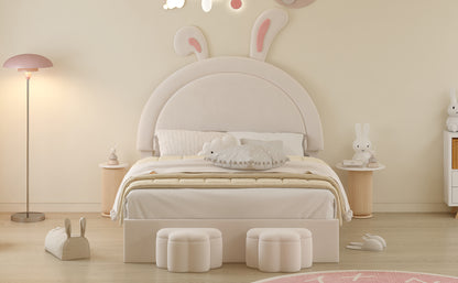 Full size Upholstered Rabbit-Shape Bed with 2 Storage Stools, Velvet Platform Bed with Cartoon Ears Shaped Headboard, White