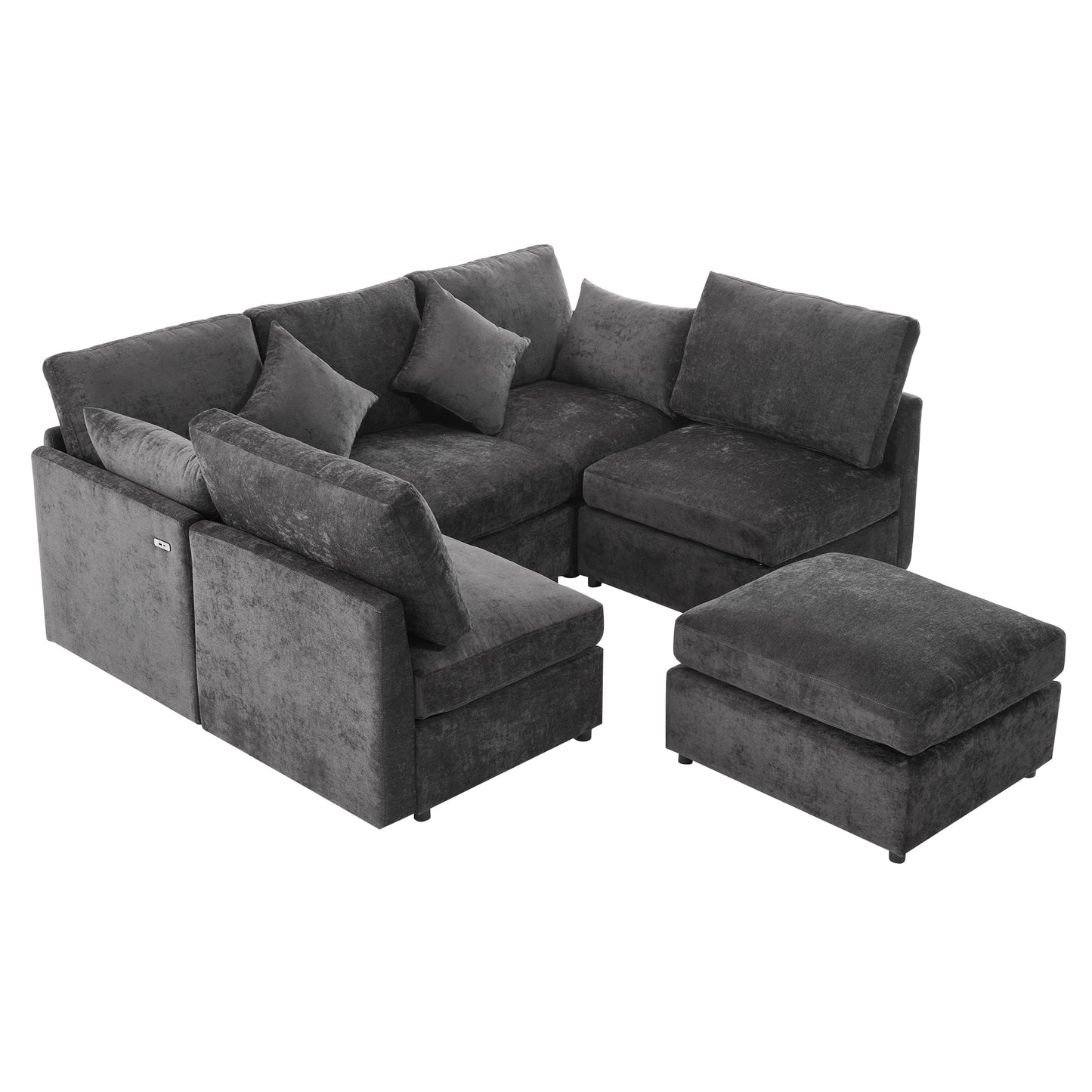 85.4" Sectional Sofa Modular Sofa U-shaped Sofa Couch Sofa Bed L-shaped Sofa with a Movable Ottoman and Two USB Ports for Living Room, Black