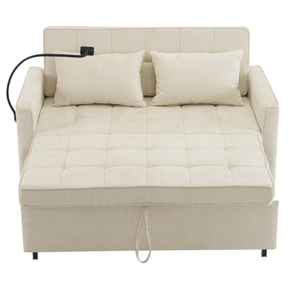 56.9" Loveseat Sofa Pull-out Sofa Bed Sleeper Sofa with a Reversible Backrest Cushion, Side Pockets, Two USB Ports and a Phone Holder for Living Room, Beige