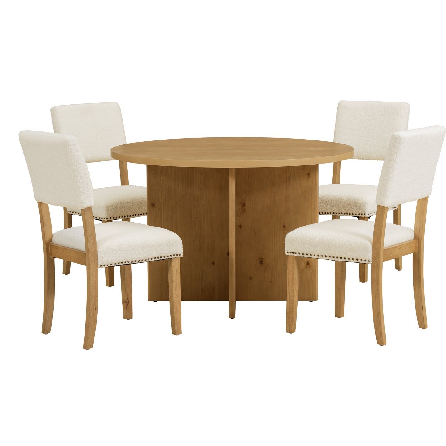 TOPMAX Modern 5-Piece Round Dining Table Set Pedestal Kitchen Table Set with 4 Upholstered Dining Chairs for Studio, Apartment, Small Places, Natural