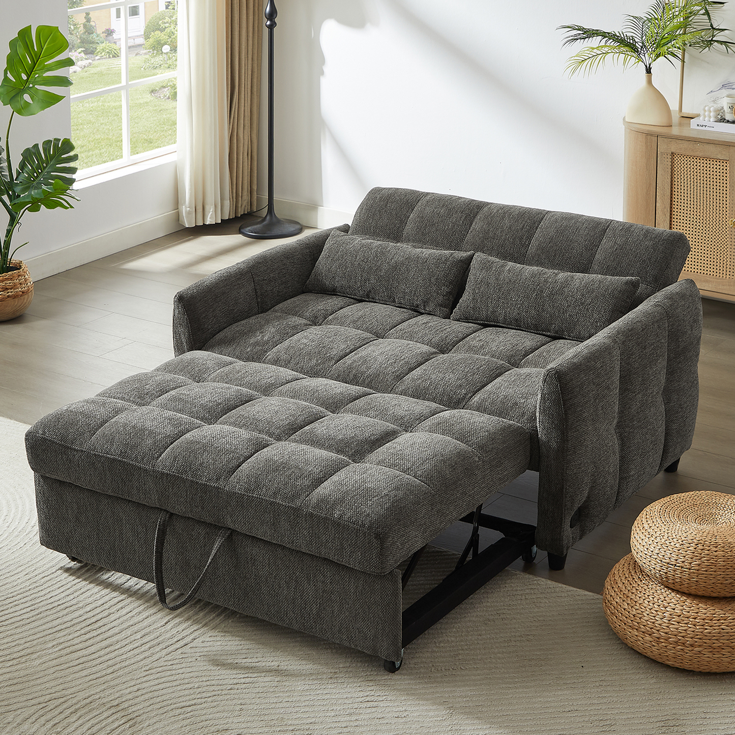 52.8" Loveseat Sofa Pull-out Sofa Bed Tufted Sleeper Sofa with an Adjustable Backrest, Three USB Ports and Two Lumbar Pillows for Living Room, Grey