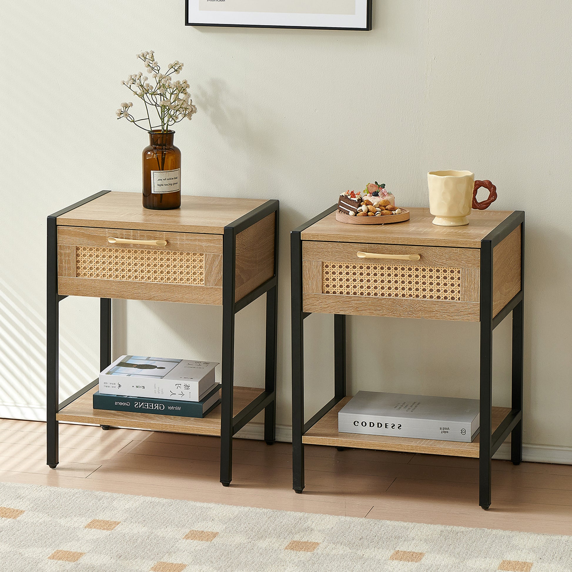 Set of 2, 15.74" Rattan End table with  drawer, Modern nightstand, metal legs,side table for living room, bedroom,natural