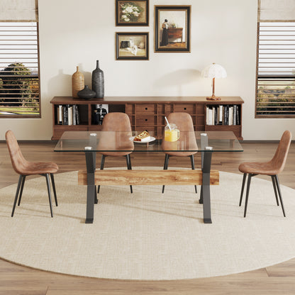 Dining table. Modern tempered glass dining table. Large modern office desk with black metal legs and MDF crossbars, suitable for home and office use. 4 high-end cushioned seats.F1105  B0501A