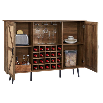 Oak Color Faux Rattan Barn Door Wine Cabinet with Wine Rack and Wine Glass Rack, Double Door Design with Removable Shelves, Rustic Wood Storage Cabinet