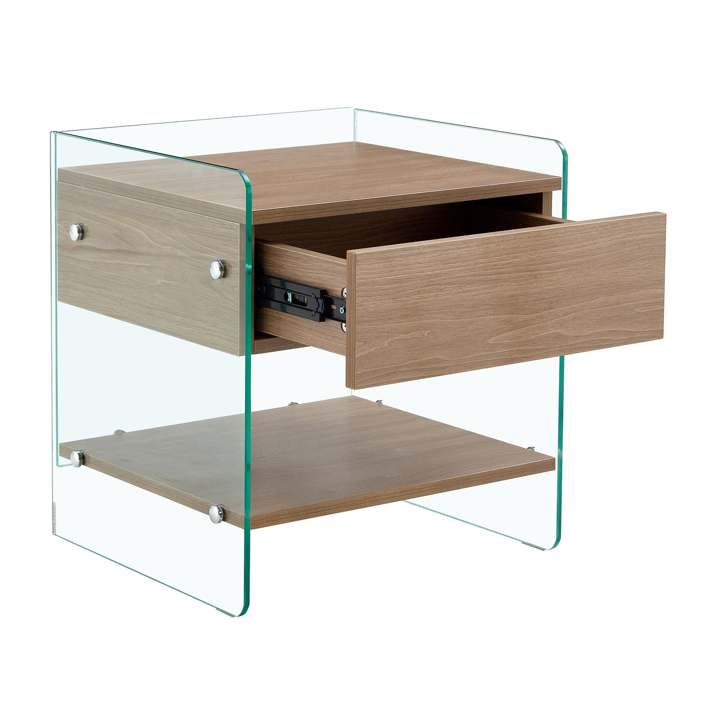 Bedside table with drawers. The board surface is MDF sticker, and both sides are transparent tempered glass. The design is simple and elegant, with excellent storage functions.