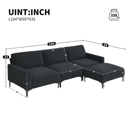 Modern Velvet L-Shaped Sectional Sofa, 4-Seater, Convertible Ottoman, Freely Combinable Sofa