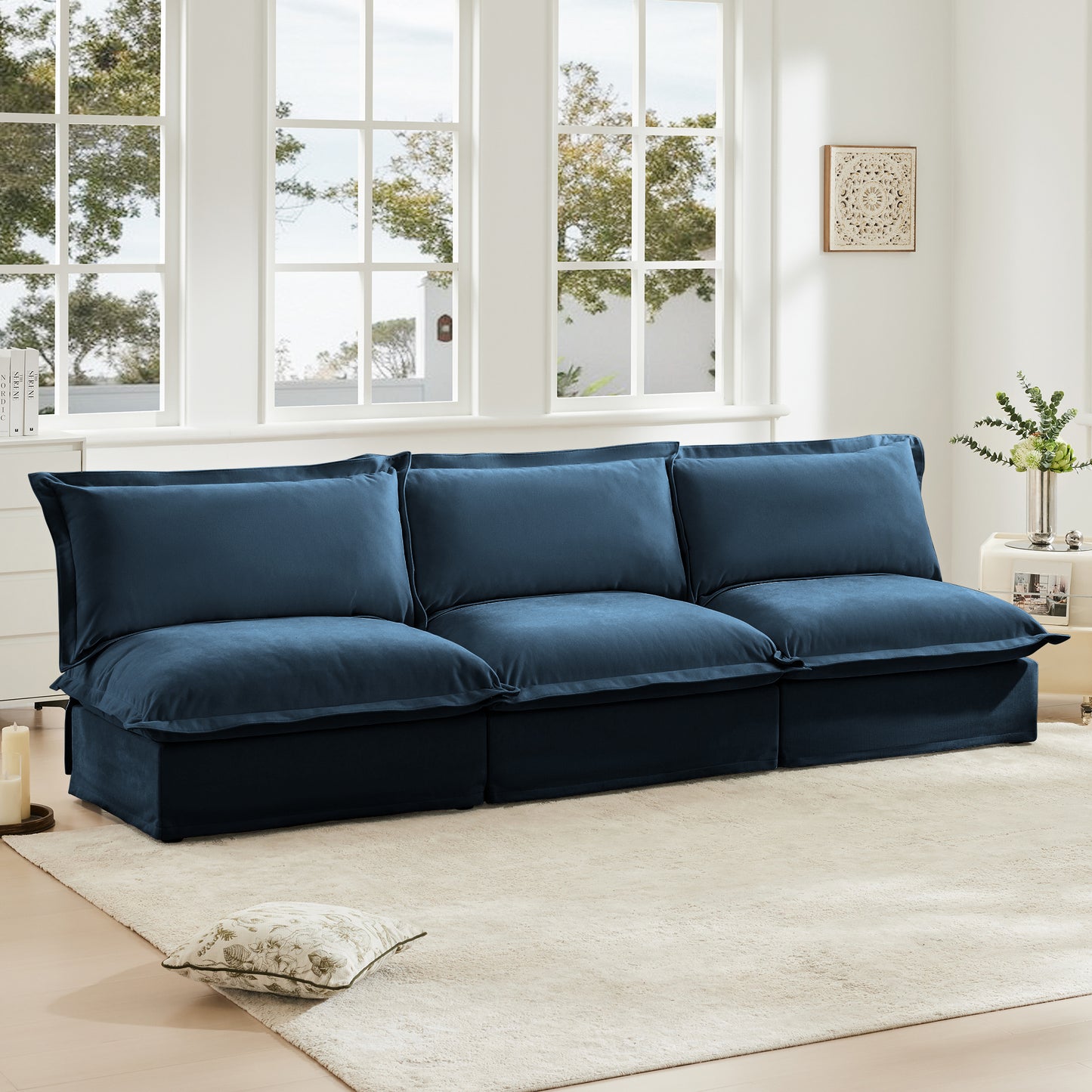 Modern Upholstered Modular Armless 3 Seater Sofa,Deep Seat 3- Seat Sofa Couch Armless Sofa Couch Free Combination, Chenille Fabric, Blue