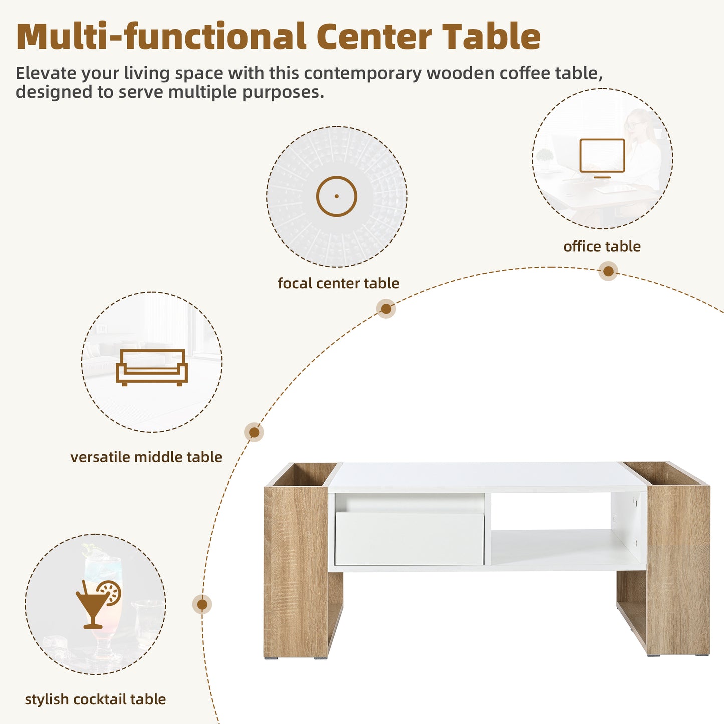 ON-TREND High Glossy Coffee Table with 2 Drawers, Practical Two Tone Center Table with Hidden Compartments, Rectangle Cocktail Table with Open Storage Shelf for Living Room, Bedroom, White, 41.3*23.6"