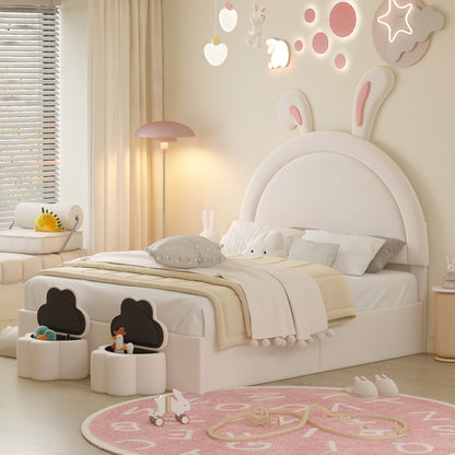 Full size Upholstered Rabbit-Shape Bed with 2 Storage Stools, Velvet Platform Bed with Cartoon Ears Shaped Headboard, White