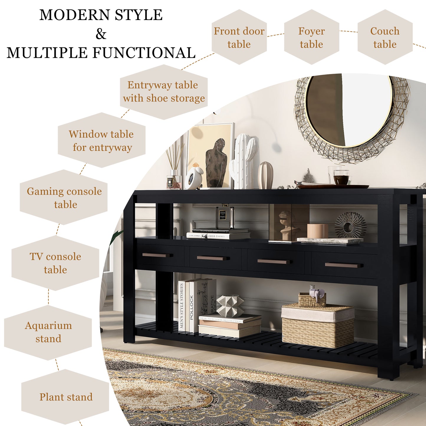 U_STYLE 62.2'' Modern Console Table Sofa Table for Living Room with 4 Drawers and 2 Shelves