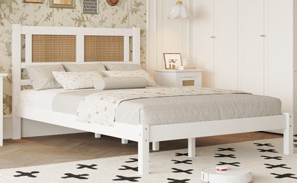 Full Size Wooden Platform Bed with Natural Rattan Headboard, Exquisite Elegance with Minimalist Charm for Bedroom, White