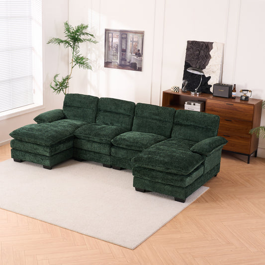 U-shaped profile sofa, including two single seats and two chaise, modular sofa, Chenille sofa,Green