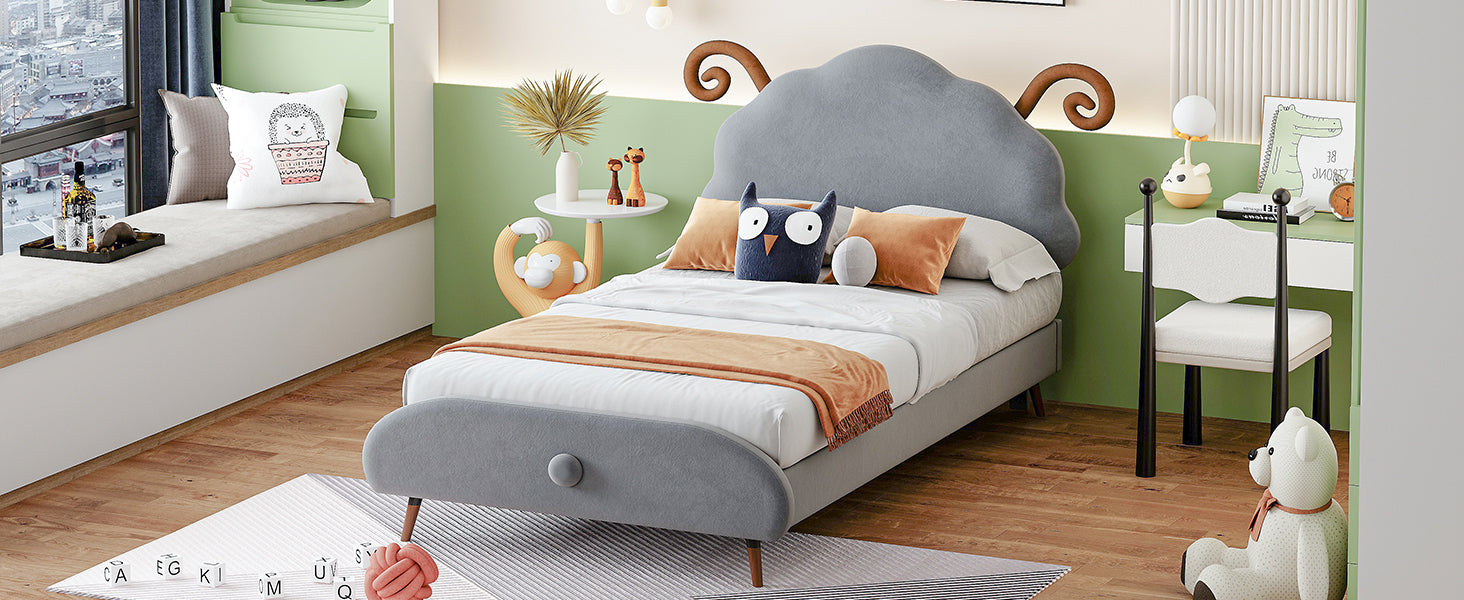 Twin Size Upholstered Platform Bed with Sheep-Shaped Headboard, Gray