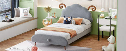 Twin Size Upholstered Platform Bed with Sheep-Shaped Headboard, Gray